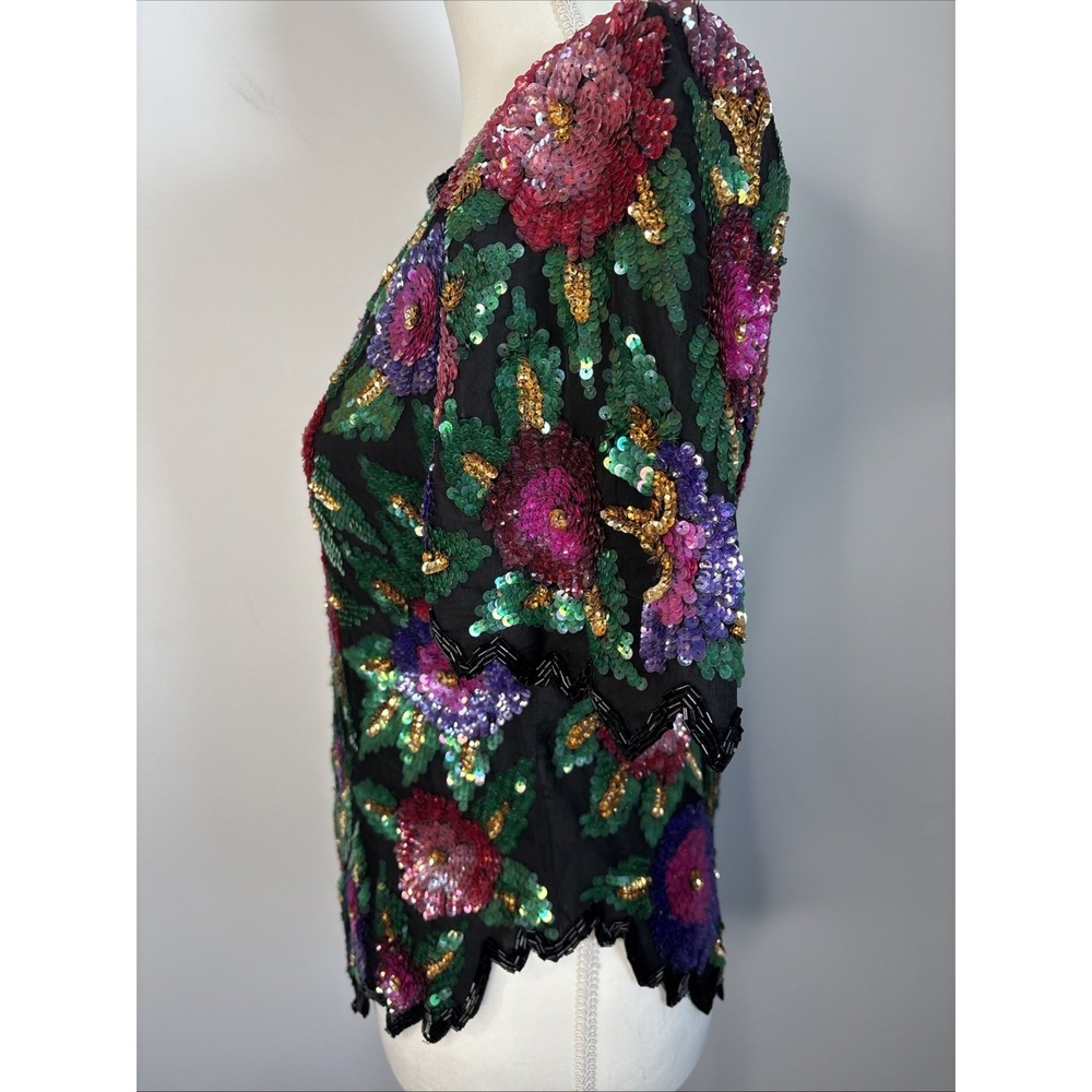 Vtg 90s Laurence Kazar Floral Sequin Blouse Size Medium Maximalist Cocktail - Picture 2 of 15